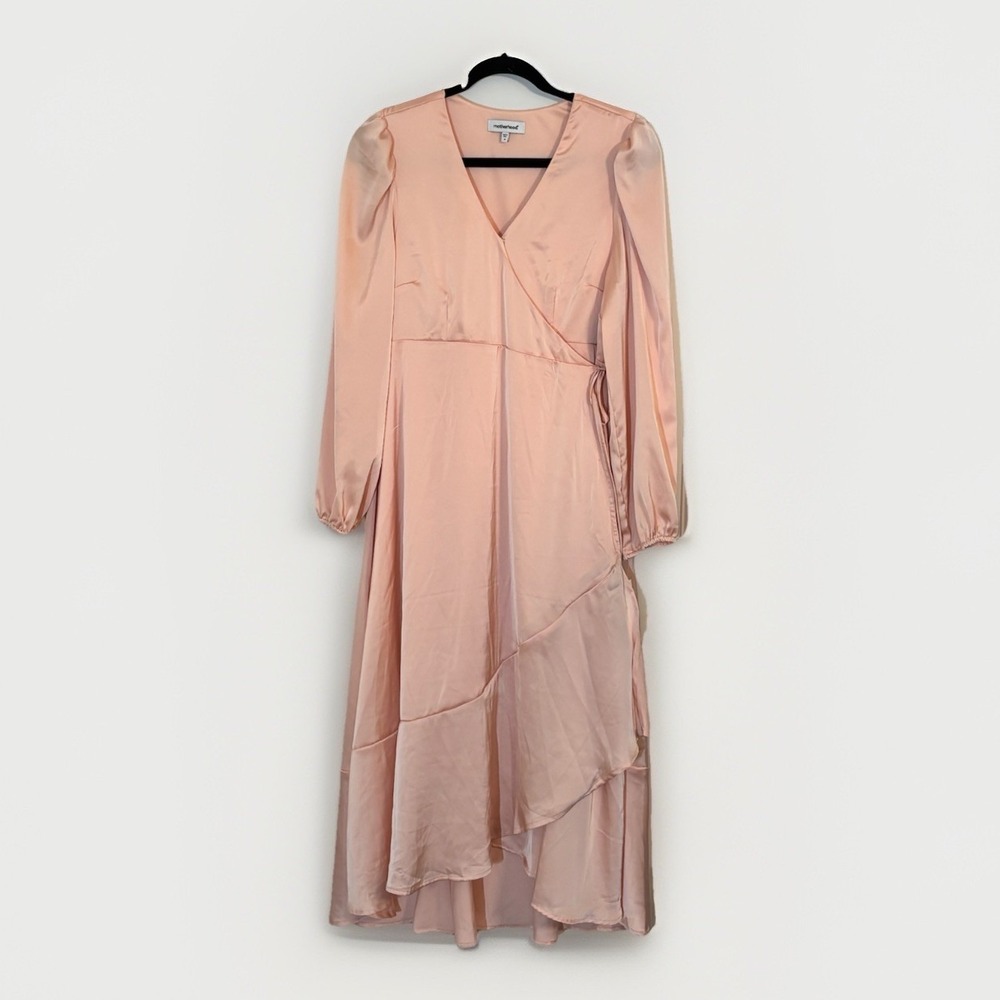 Motherhood Dress Maternity Wrap Flounce Midi pink Satin Gender Reveal SZ M